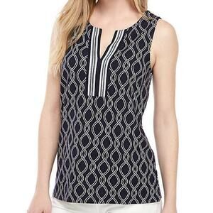 Crown & Ivy Women Sleeveless Split Neck Printed Top Size S Navy Color New w Tags